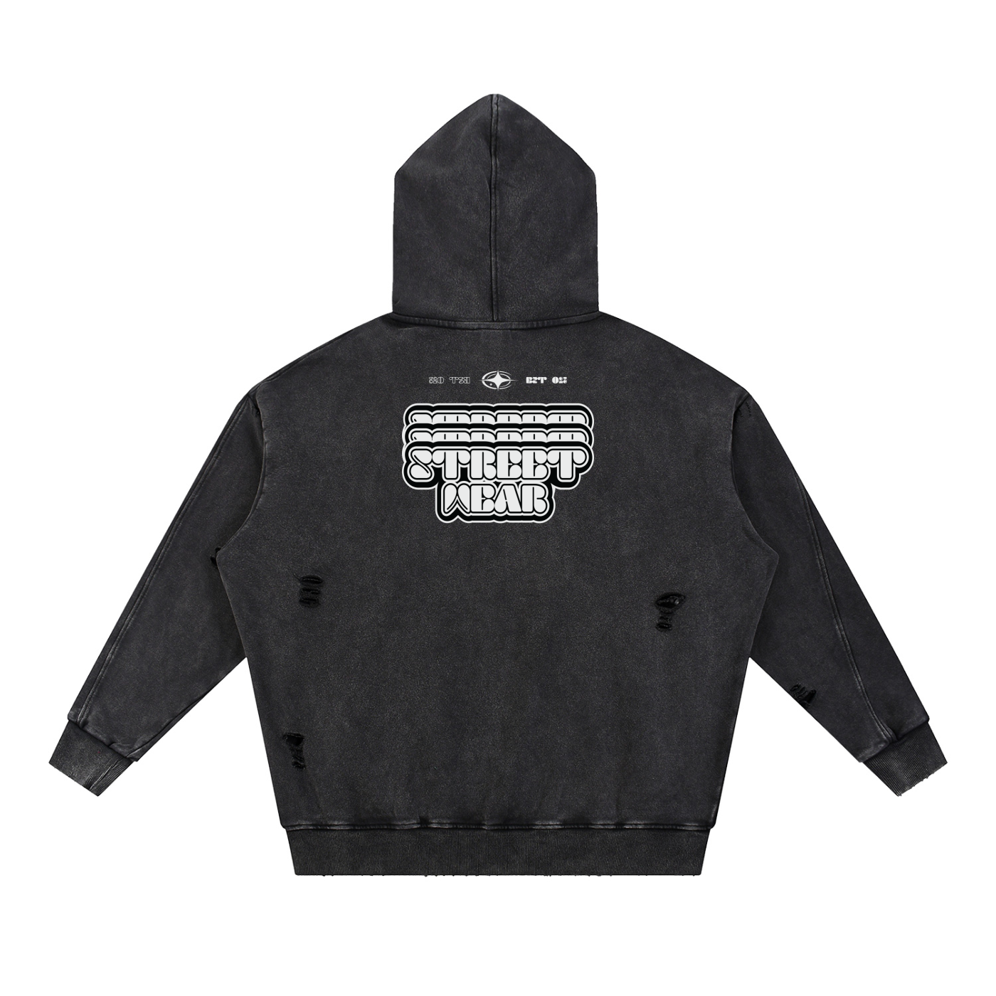 Snow Washed Distressed Panel Pocket Hoodie